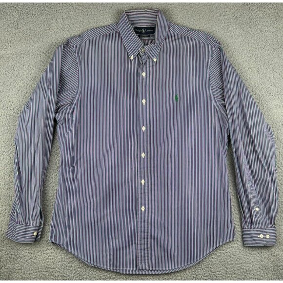 Ralph Lauren Mens Large Long Sleeve Button Down Shirt Purple Striped Custom Fit - Picture 1 of 11